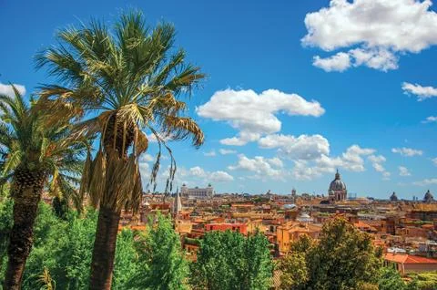 Overview of cathedrals domes, monuments and roofs of buildings in Rome Stock Photos