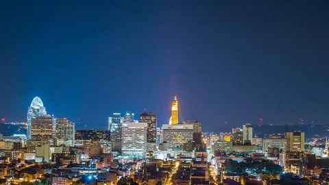 Overview of Cincinnati Ohio Skyline At Night Time Lapse 4K 1080P Stock Footage 77576027
