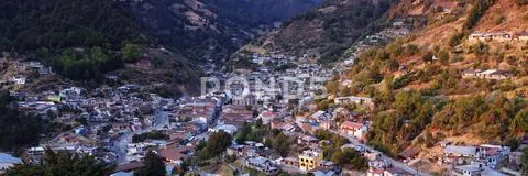 Overview of City in Valley, Angangueo, Michoacan, Mexico Stock Photos
