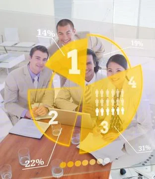 Overview of colleagues using yellow pie chart interface Foto stock