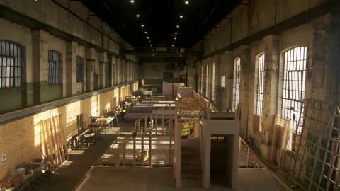 Overview of construction inside warehouse, Mansfield, Nottinghamshire, UK Video stock 155055045