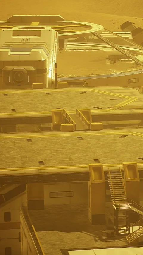 Overview of a construction site on a barren landscape under orange sky Video stock 332223623