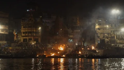 Overview of the cremations from the boat Stock Footage 112336707