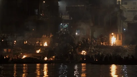 Overview of the cremations from the boat Stock Footage 112337133