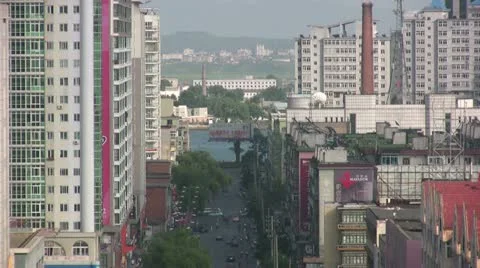 Overview of Dandong with North Korea visible in the background Stock Footage