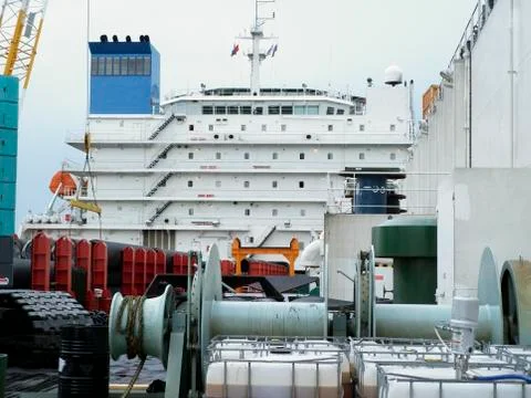 Overview of the deck of a pipe lay vessel. The ship's deck. Foto stock
