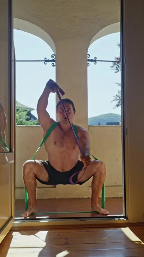 Overview of fullbody workout techniques using resistance bands to improve Stock Footage 312477811