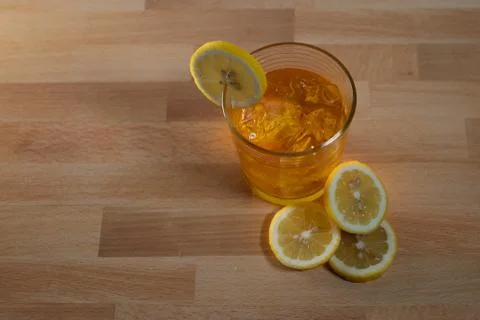 Overview iced refreshing beverage with lemon slices Stock Photos