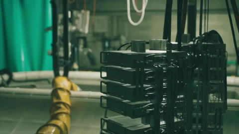 Overview of industrial machinery with metal components and cables in a workshop Stock Footage 304467053