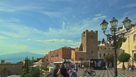 Overview of the main square, Piazza IX Aprile, of Taormina Stock Footage 233480931