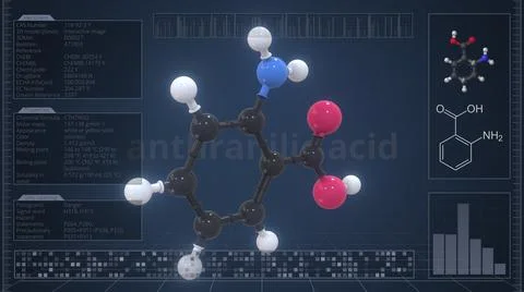 Overview of the molecule of anthranilic acid on the computer screen. 3d Stock Illustration