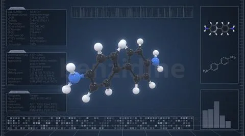 Overview of the molecule of benzidine on the computer screen. 3d rendering Illustrazione stock