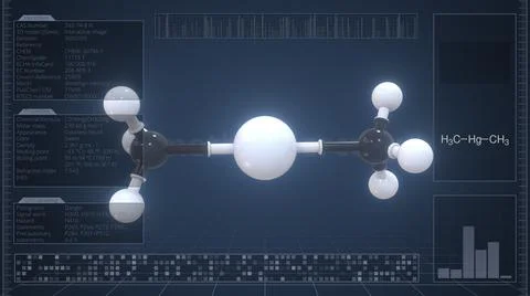 Overview of the molecule of dimethylmercury on the computer screen. 3d rendering Stock-Illustration