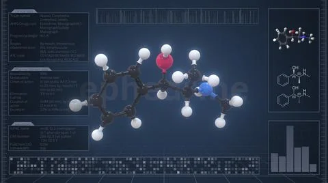 Overview of the molecule of ephedrine on the computer screen. 3d rendering Stock Illustration