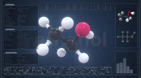 Overview of the molecule of ethanol on the computer screen. 3d rendering Stock-Illustration