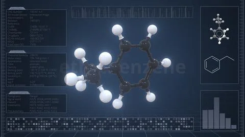 Overview of the molecule of ethylbenzene on the computer screen. 3d rendering Stock Illustration