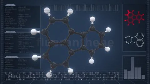 Overview of the molecule of fluoranthene on the computer screen. 3d rendering Stock Illustration