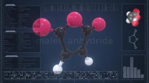 Overview of the molecule of maleic anhydride on the computer screen. 3d Stock Illustration