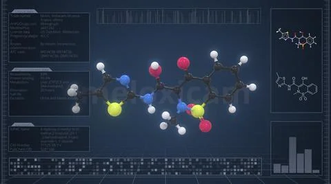 Overview of the molecule of meloxicam on the computer screen. 3d rendering Stock Illustration
