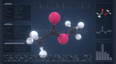 Overview of the molecule of methyl acetate on the computer screen. 3d rendering Stock Illustration