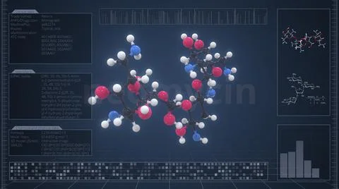 Overview of the molecule of neomycin on the computer screen. 3d rendering Stock Illustration