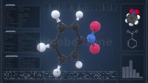 Overview of the molecule of nitrobenzene on the computer screen. 3d rendering Stock Illustration