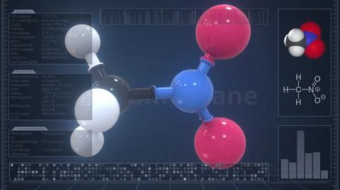 Overview of the molecule of nitromethane on the computer screen. 3d rendering Stock Illustration