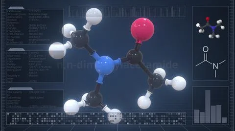 Overview of the molecule of n,n-dimethylacetamide on the computer screen. 3d Stock Illustration