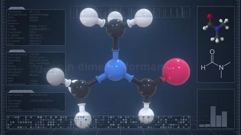 Overview of the molecule of n,n-dimethylformamide on the computer screen. 3d Stock Illustration