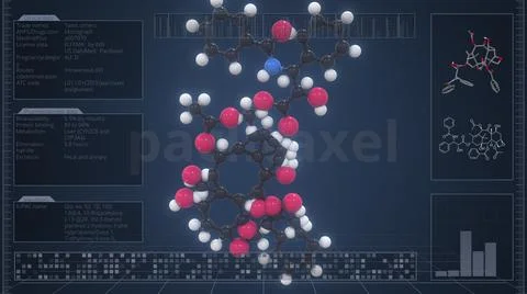 Overview of the molecule of paclitaxel on the computer screen. 3d rendering Stock Illustration