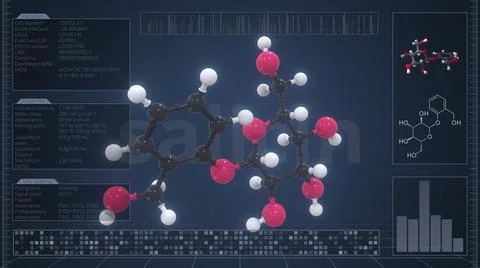 Overview of the molecule of salicin on the computer screen. 3d rendering Stock-Illustration