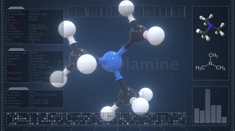 Overview of the molecule of trimethylamine on the computer screen. 3d rendering Stockillustratie