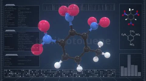 Overview of the molecule of trinitrotoluene on the computer screen. 3d rendering 스톡 일러스트
