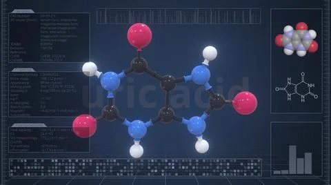 Overview of the molecule of uric acid on the computer screen. 3d rendering Stock Illustration