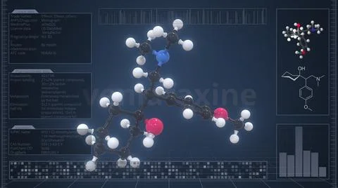 Overview of the molecule of venlafaxine on the computer screen. 3d rendering Stock Illustration