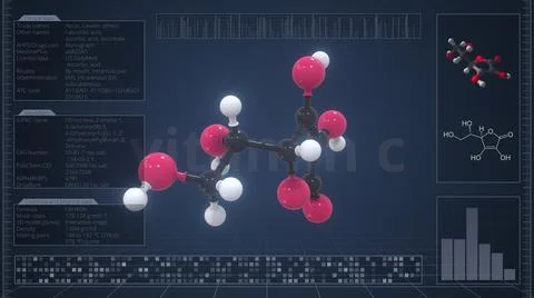 Overview of the molecule of vitamin c on the computer screen. 3d rendering Illustrazione stock