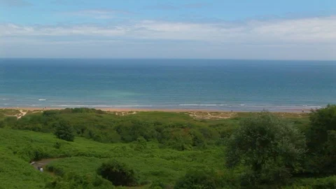Overview of Omaha beach from cliff top Colleville sur Mer Normandy, France Stock Footage 103227758