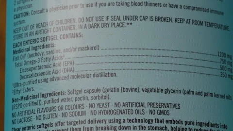 Overview of omega 3 supplement packaging and nutritional benefits Stock Footage 303560150