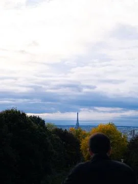 Overview of Paris with the Eiffel Tower in the Back from the Belleville Park in 스톡 사진