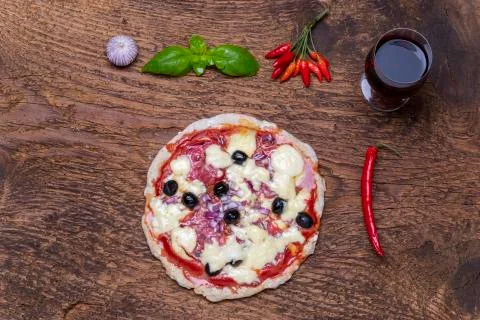 Overview of a pizza with wine Stock Photos