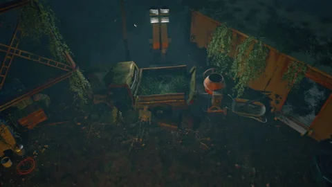 Overview of a post-apocalyptic forest camp at night Stock Footage 304304983