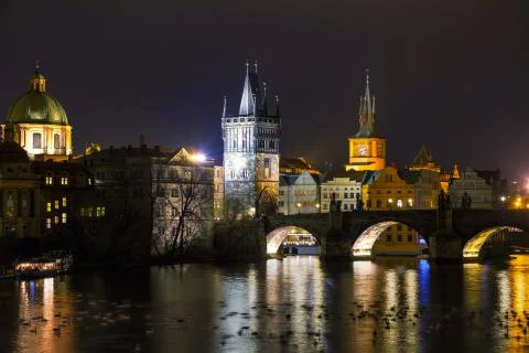Overview of Prague in night Stock Photos