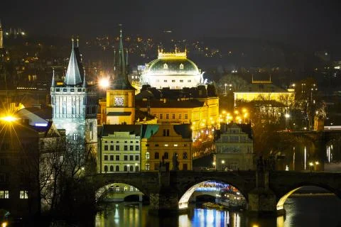 Overview of Prague in night Stock Photos