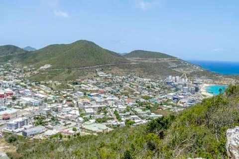 Overview of simpson bay st.maarten post hurricane Irma 스톡 사진
