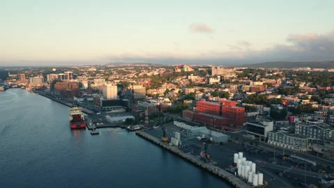 An overview of St. John's city centre bathed in warm light Stock Footage 214429229