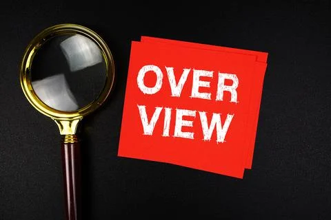 Overview text on sticky note with magnifying glass on black background Stock Photos