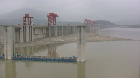 Overview of Three Gorges Dam reservoir Stock Footage