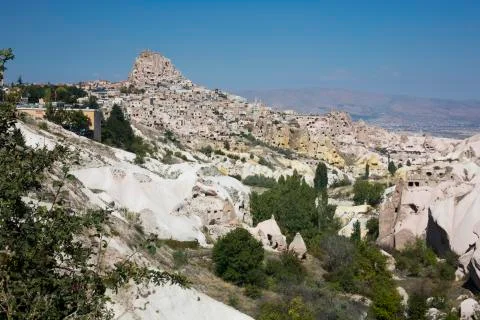 Overview of Uhisar with its castle. Stock Photos