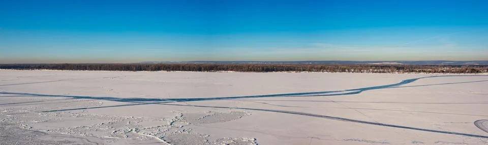 Overview view of the ice-bound river Stock Photos