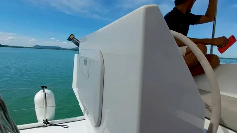 Overview - what people on board do during a boat trip on a sailing catamaran Video stock 169286423
